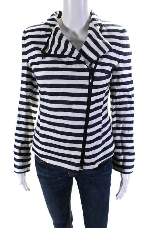 Akris Punto Womens Linen Striped Full Zipper Jacket Navy Blue White