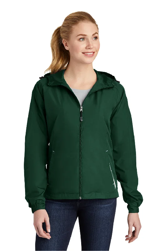 Sport-Tek Womens Water Resistant Full Zip Hooded Jacket - Forest Green/White