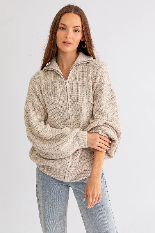 Taupe Oversized Zip Up Cardigan