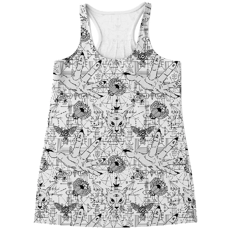 White And Black Wicca Magical Print Women's Racerback Tank Top